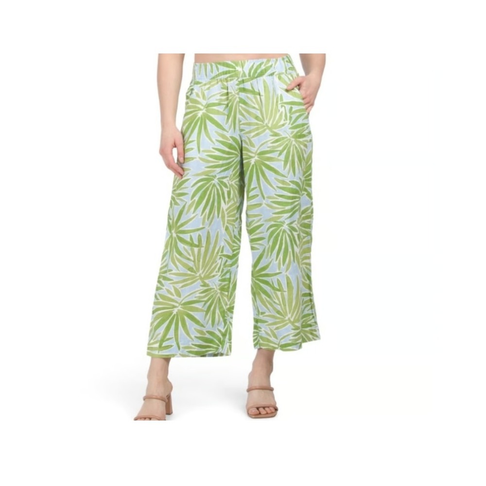 Sigrid Olsen Womens Size Large Tropical Palm Print Linen Wide Leg Palazzo Pants